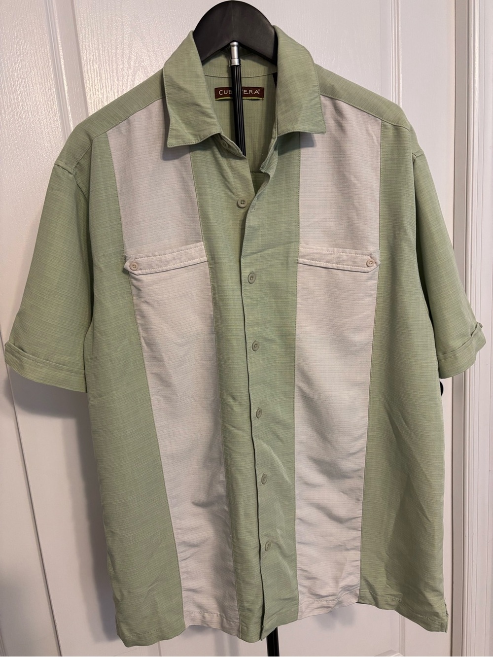 Cubavera Men’s Short Sleeve Button Down Shirt L Sage Green/White Double Pockets